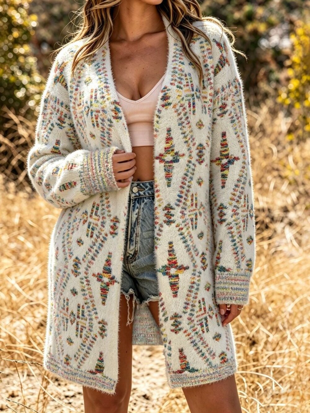 Multicolor Casual Women's Regular Fit Asymmetrical Hem Long Knit Jacket